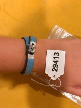 Hermes Blue Double Tour Leather Bracelet with Silver-Tone Closure